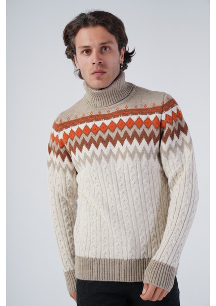 Erkek Saç Örgülü Jakar Desenli Balıkçı Yaka Triko Yün Kazak TRIST-5319