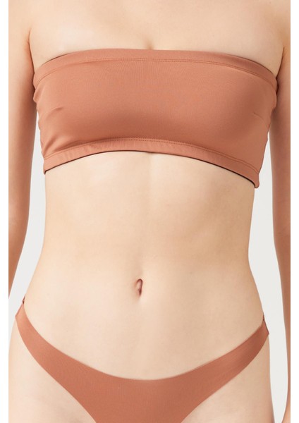 Straplez Crop Top Büstiyer Sütlü Kahve