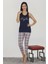 Lacivert Renk Ekose Desenli Lady 12030 Kısa Kol Kapri Pijama Takımı; 1