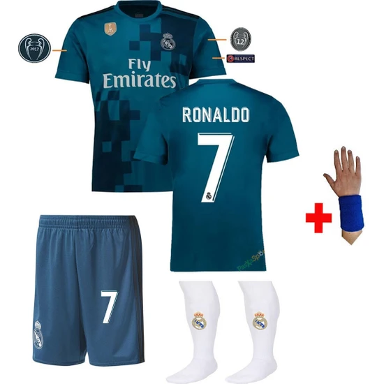 2018 Real Madrid Deplasman Ronaldo Çocuk Forması Şort Çorap Bileklik