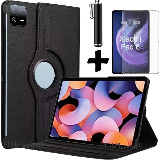 MTK Moveteck Xiaomi Pad 6 11 Inç 2023 Tablet Kılıf Dönebilen 360 Kılıfı + Ekran Koruyucu + Dokunmatik Kalem Zırh Set Koruma