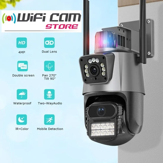 Wificam Plus Çift Kameralı Icsee Xmeye Yazılımlı Polis Çakar Işıklı 4mp UHD Ptz Wifi Kamera