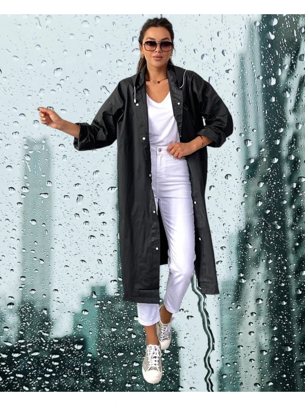 Shopiolog Kadın Erkek  Yağmurluk Kapüşonlu Çıtçıtlı Eva Siyah Yağmurluk