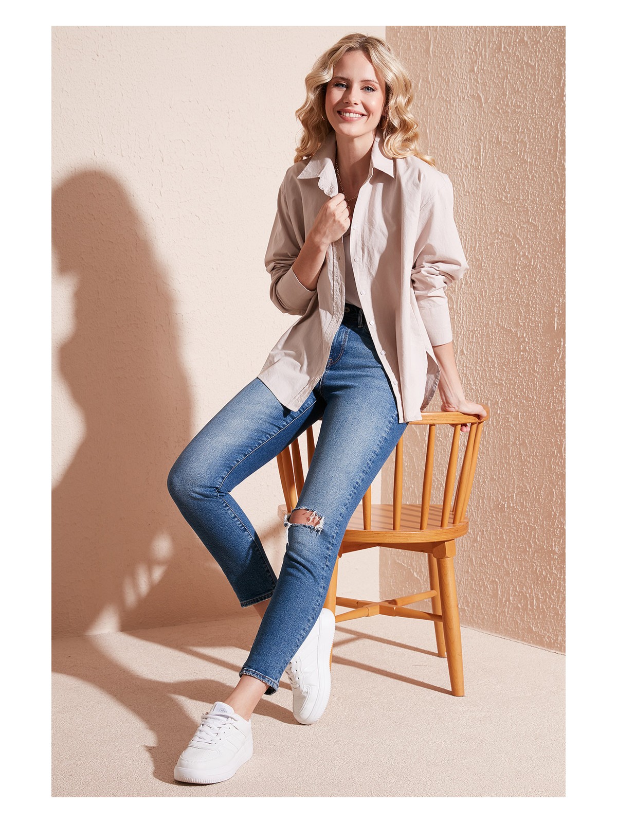 Lela Oversize % 100 Pamuk Poplin Gömlek Bayan Gömlek CF21S163867 - Görsel 4