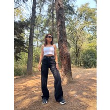 Arzu Emiroğlu Wide Leg Yüksek Bel Füme  Taşlanmış Denim  Pantolon