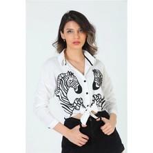 Moda Pollux Kadın Zebra Işlemeli Crop Gömlek Beyaz