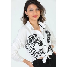 Moda Pollux Kadın Zebra Işlemeli Crop Gömlek Beyaz