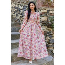 Küçüğüm Butik Tesettür Turuncu Pastel  Çiçekli Boyundan Bağlamalı Kloş Elbise
