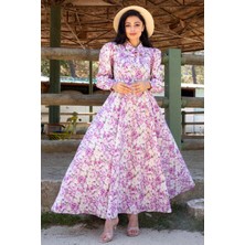 Küçüğüm Butik Tesettür Pembe Pastel  Çiçekli Boyundan Bağlamalı Kloş Elbise