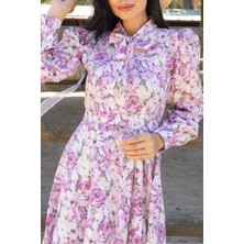 Küçüğüm Butik Tesettür Pembe Pastel  Çiçekli Boyundan Bağlamalı Kloş Elbise