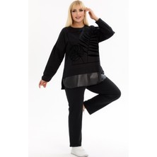 Kheos Yaprak Taş Baskılı Eteği Derili Yuvarlak Yaka Uzun Kol Beli Lastikli Cepli Rahat Eşofman Takım