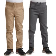 YHE Store Unisex Çocuk Rahat Kalıp Ribana Bel Canvas Keten Okul Pantolonu 2 Adet