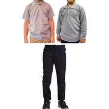 YHE Store Unisex Çocuk Ribana Bel Keten Okul Pantolonu + Polo Yaka Kısa ve Uzun Kol T-Shirt