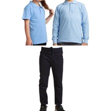 YHE Store Unisex Çocuk Ribana Bel Keten Okul Pantolonu + Polo Yaka Kısa ve Uzun Kol T-Shirt