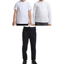 YHE Store Unisex Çocuk Ribana Bel Keten Okul Pantolonu + Polo Yaka Kısa ve Uzun Kol T-Shirt