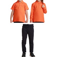 YHE Store Unisex Çocuk Ribana Bel Keten Okul Pantolonu + Polo Yaka Kısa ve Uzun Kol T-Shirt