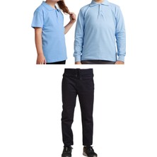 YHE Store Unisex Çocuk Ribana Bel Keten Okul Pantolonu + Polo Yaka Kısa ve Uzun Kol T-Shirt
