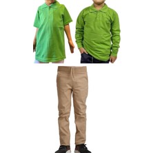 YHE Store Unisex Çocuk Ribana Bel Keten Okul Pantolonu + Polo Yaka Kısa ve Uzun Kol T-Shirt