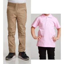 YHE Store Unisex Çocuk Ribana Bel Keten Bej Okul Pantolonu + Polo Yaka Kısa Kol T-Shirt