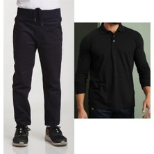 YHE Store Unisex Çocuk Ribana Bel Keten Lacivert Okul Pantolonu + Polo Yaka Uzun Kol T-Shirt