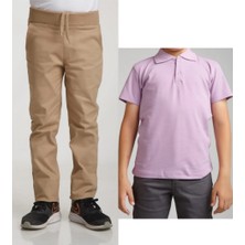 YHE Store Unisex Çocuk Ribana Bel Keten Bej Okul Pantolonu + Polo Yaka Kısa Kol T-Shirt