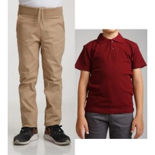 YHE Store Unisex Çocuk Ribana Bel Keten Bej Okul Pantolonu + Polo Yaka Kısa Kol T-Shirt