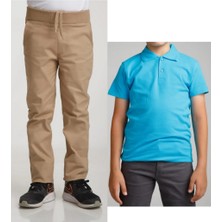 YHE Store Unisex Çocuk Ribana Bel Keten Bej Okul Pantolonu + Polo Yaka Kısa Kol T-Shirt
