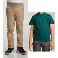 YHE Store Unisex Çocuk Ribana Bel Keten Bej Okul Pantolonu + Polo Yaka Kısa Kol T-Shirt