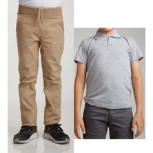 YHE Store Unisex Çocuk Ribana Bel Keten Bej Okul Pantolonu + Polo Yaka Kısa Kol T-Shirt