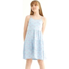 Zepkids Kız Çocuk Kiraz Desenli Bebe Mavi Renkli Askılı Elbise