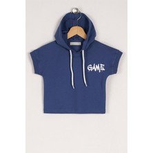 Zepkids Erkek Çocuk Indigo Renkli Game Baskılı Kapuşonlu Kısa Kol Sweatshirt