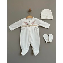 Buse & Eylül Bebe Çiçek Nakışlı Kroşetalı 3 Parça Kız Bebek Tulum