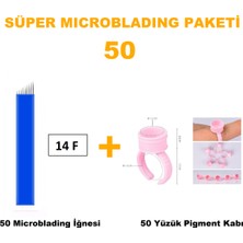 Kozmetiklab Microblading İğnesi ve Pigment Kabı Seti 14F Mavi 50 Adet