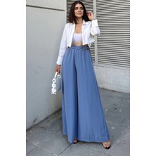 New Laviva Mavi Beli Lastikli, Cepli, Ispanyol / Bol Paça Özel Kumaş, Rahat Kalıp Pantolon - Tesettüre Uygun