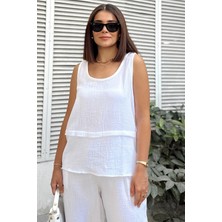 New Laviva Beyaz Ithal Müslin Kumaş, Basic, Katlı, Salaş Askılı Bluz & Atlet