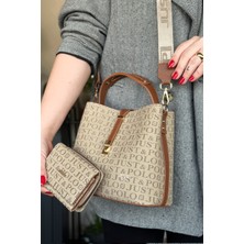 Just Polo Baskı Desenli Özel Seri Çanta Cüzdan Kombini 92055-GQ Kum Taba Kombin