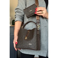 Just Polo Baskı Desenli Özel Seri Çanta Cüzdan Kombini 92055-GQ Kahverengi Kombin