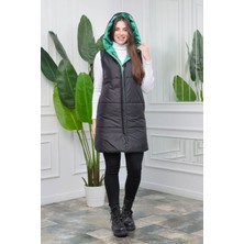 Neşeli Butik Kadın Yeşil Kapüşonlu Kapitone Çift Taraflı Yelek NB0002