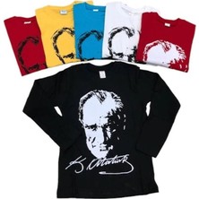 YHE Store Atatürk Uzun Kollu Penye Süper Tişört 23 Nisan 29 Ekim 10 Kasım Siyah Beyaz Kırmızı Sarı Turkuaz