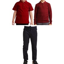 YHE Store Unisex Çocuk Ribana Bel Keten Okul Pantolonu + Polo Yaka Kısa ve Uzun Kol T-Shirt