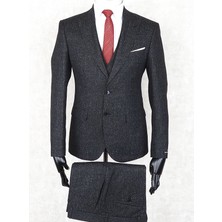 Jan Carlucci Slim Fit Sivri Yaka-Çift Yırtmaç  Siyah Drop 6 Yelekli Takım Elbise