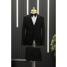 Akçaylar Slimfit (Skinny Kesim) Desenli Sivri Sabit Yaka Yelekli Papyonlu Smokin Takım Elbise