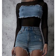 İbeeka Kadın Giyim Kot Büstiyer Üst  Detaylı Tül Detaylı Body Uzun Kol Tarz