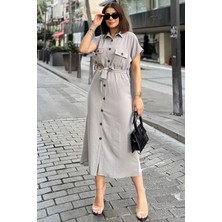 New Laviva Gri/taş Kısa Kol, Gömlek Yaka, Düz Desen, Çift Cepli, Aerobin Kumaş, Kuşaklı Maxi Elbise