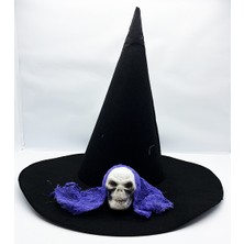 Vipfoni Siyah Renk Mavi Duvaklı Kuru Kafa Temalı Cadı Şapkası 35X38 cm