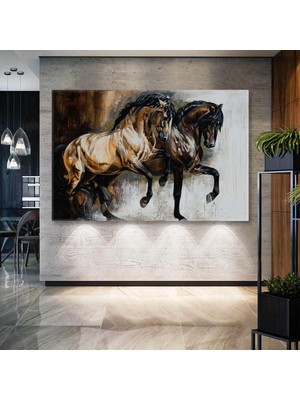 SML Tablo Iki Kahverengi At Yağlı Boya Efektli Asil Hayvan Kanvas Tablo