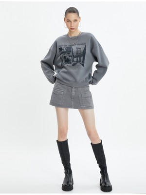 Koton Baskılı Sweatshirt Şardonlu Uzun Kollu Bisiklet Yaka
