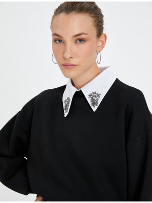 Koton Sweatshirt Taşlı Gömlek Yaka Ribanalı Uzun Kollu