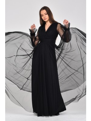 Asees Önü Kruvaze Uzun Kol Esnek Tül Abiye Elbise