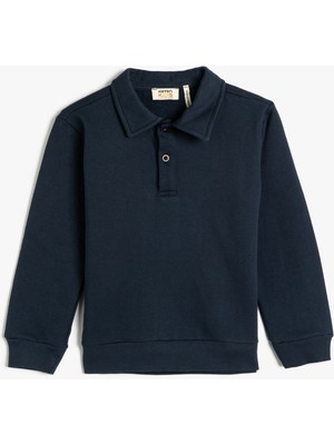 Koton Polo Yaka Sweatshirt Düğme Detaylı Uzun Kollu Şardonlu Pamuklu